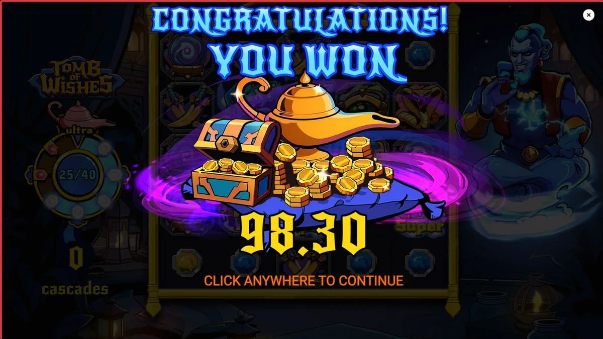 Visual bertema Arabian Nights dari slot Tomb of Wishes dengan elemen lampu ajaib dan harta karun.