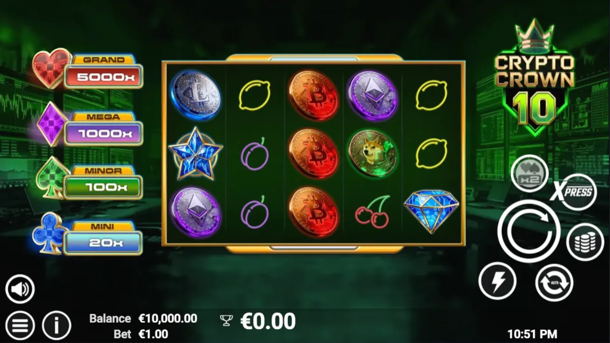 Tampilan visual futuristik dari slot Crypto Crown 10 dengan simbol koin kripto dan buah neon.