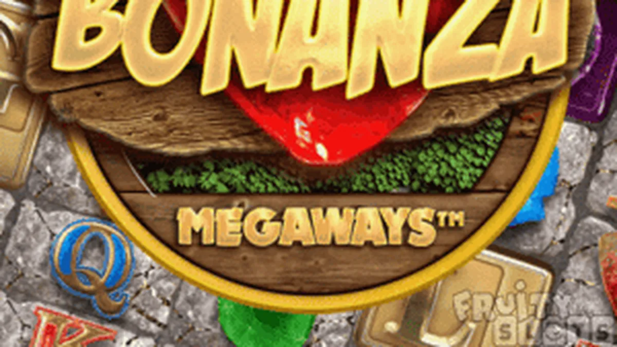 Tampilan visual slot Bonanza Megaways dengan simbol batu permata dan kereta tambang